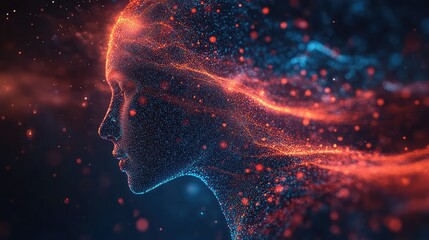 Profile of a woman's head dissolving into a cloud of glowing particles.