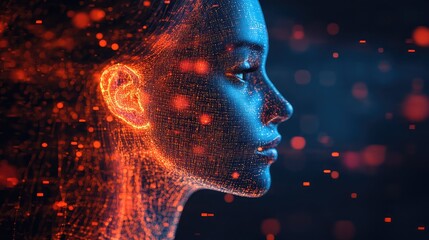 A profile view of a woman's face composed of glowing digital particles, representing artificial intelligence and data.