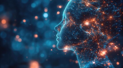 A profile of a human head composed of glowing particles and cosmic dust, representing the concept of artificial intelligence.