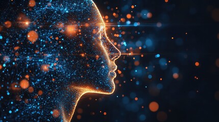 A profile of a human head made of glowing particles, representing artificial intelligence and consciousness.