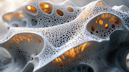 Abstract macro photograph of a porous, organic-like structure with glowing orange light filtering through its many openings.