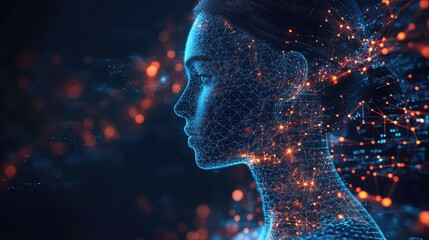 A profile view of a woman's head composed of glowing blue digital particles and orange light bursts, representing artificial intelligence.