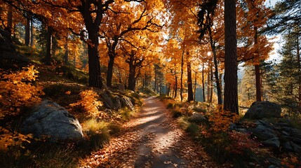 Fototapeta premium Tranquil golden autumn woodland with long distant shadows under soft sunlight, right side open white space ideal for text overlay, eco design, or nature-inspired branding visuals.