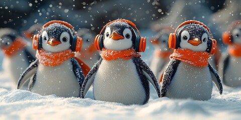Penguin group with earmuffs and scarves winter snow scene cute