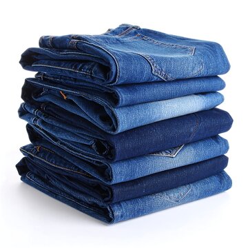 Stack of folded blue denim pants on a white background