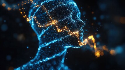 Abstract visualization of a human head composed of glowing blue and orange particles, representing data flow and artificial intelligence.