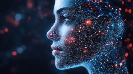 A profile view of a woman's face, illuminated by a network of glowing blue and red particles, suggesting artificial intelligence or a digital consciousness.