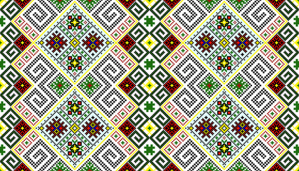 A colorful seamless geometric pixel art textile pattern with intricate cross-stitch motifs. Vector pixel art geometric pattern creating a vibrant traditional design