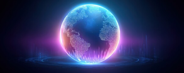 Economic GDP Strategy Concept.. A glowing, digital representation of Earth surrounded by vibrant blue and pink light effects, symbolizing technology and connectivity.