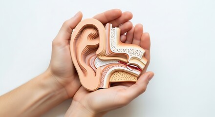 Hands carefully holding a detailed anatomical model of the human ear, illustrating the outer, middle, and inner ear.