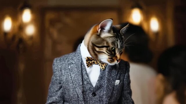 Tabby cat wearing a tweed suit and bow tie animal feline HD video.	
