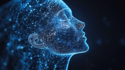 A profile of a human head made of glowing blue digital particles and connections, representing artificial intelligence or consciousness.