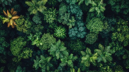 Aerial view of a dense, lush forest canopy with varied shades of green and a single yellow-tinged tree.