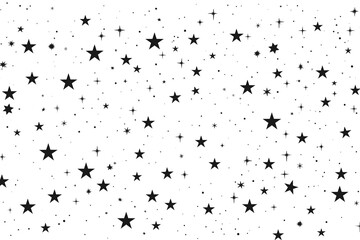 Obraz premium Scattered black stars and small dots on a white background, creating a celestial or festive decorative pattern.
