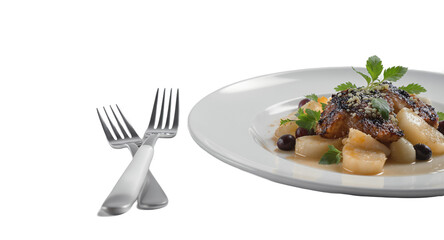 Gourmet Dish on White Plate with Silverware