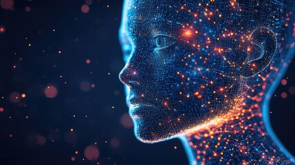A digital representation of a human head formed by glowing blue and orange particles against a dark background.