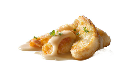 Gourmet Dish with Cream Sauce on White Plate