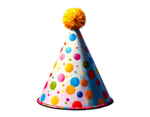  Birthday Party Hat with Colorful Polka Dots and Yellow Pom-Pom Isolated on Transparent Background.