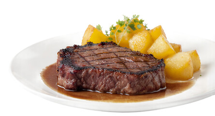 Grilled Steak with Potatoes on a White Plate, Culinary Dish, Gourmet Food