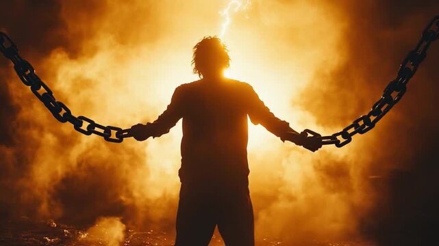 Breaking Chains: A person's silhouette, their form a testament to the indomitable spirit. Shackles, now severed, symbolize freedom and liberation from bondage, as energy courses through them.