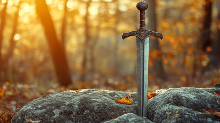 Mystical sword emerging from stone evokes the Excalibur legend symbolizing power destiny courage and legend set in a dramatic magical atmosphere of timeless myth