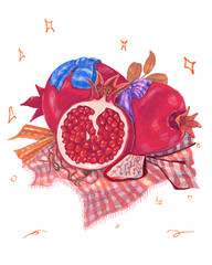 Pomegranate with ribbon and gingham design. Food illustration designed with a whimsical and enchanting fairytale theme.