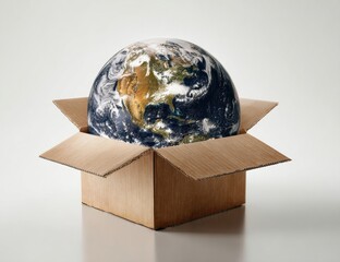 A globe of the Earth sits inside of a cardboard box, suggesting concepts like shipping or global issues.