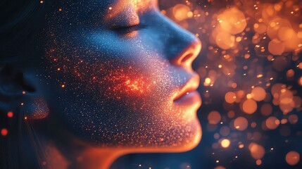 Close-up profile of a person's face illuminated by glowing particles and bokeh lights.