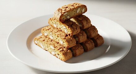 Delicious Almond Biscotti Cookies Stacked on White Plate.