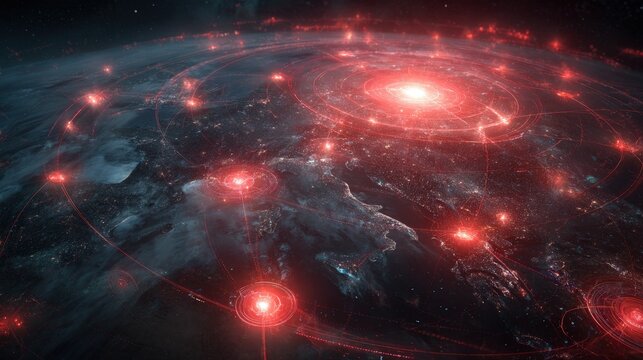 abstract digital HUD concept showing missile deployment network on global map with red glowing markers and satellite overlays, defense tech, high-tech style