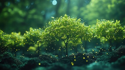 Enchanting forest scene with glowing fireflies illuminating lush green trees at dusk.