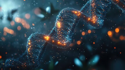 A glowing, intricate DNA double helix structure with shimmering particles and bokeh effects, representing genetic science and molecular biology.