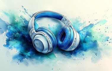 Wireless Headphones with Dynamic Blue and Teal Watercolor Splash Art Background, Representing Immersive Sound and Creative Expression