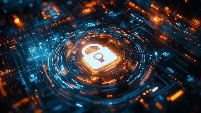 Cyber Security Shield: A captivating visual portrayal of a digital security concept, with an illuminated lock icon at its center, encased within a vibrant circuit board design.