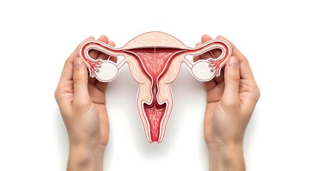 Two hands holding a detailed anatomical model of the female reproductive system, including the uterus, ovaries, and fallopian tubes.
