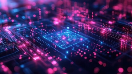 Abstract glowing circuit board with neon blue and pink lights, representing technology and data flow.