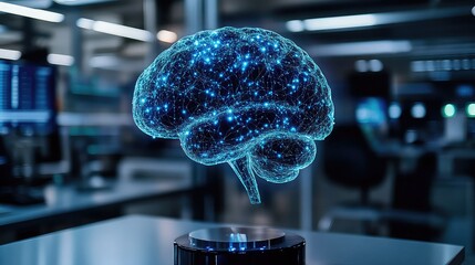 A glowing, futuristic holographic brain model with intricate neural network connections, symbolizing artificial intelligence and advanced technology.