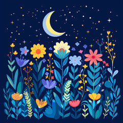 Night flower garden under the moon and stars
