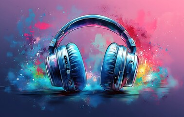 Captivating headphones surrounded by a burst of colorful abstract art, representing the energetic and immersive world of music and sound