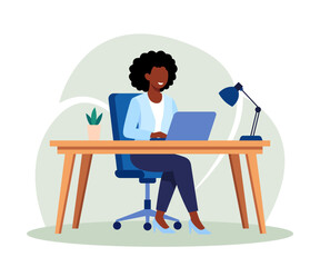 Fototapeta premium Illustration of a businesswoman working at a desk with a laptop sitting on an office chair modern workspace with desk lamp and plant professional woman focused on work in corporate environment