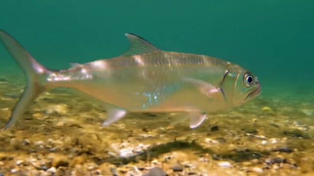 Silver tarpon swimming gracefully in clear blue ocean waters over a sandy seabed habitat