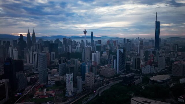Kuala Lumpur skyline sunrise aerial drone view, Malaysia
