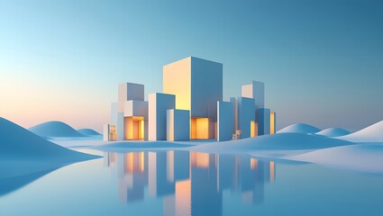 Fototapeta premium Abstract city landscape with water reflection and blue sky background in minimalist style