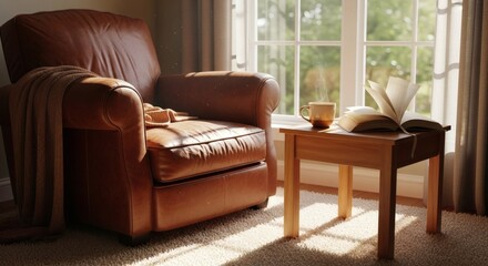 Cozy living room scene with a leather armchair, wooden side table, book, mug, and soft light