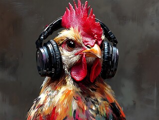 Colorful Rooster with Headphones A Unique Blend of Music and Poultry