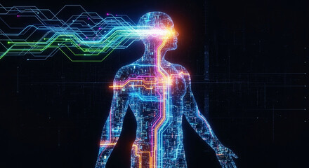 Digital Awakening: A Luminous Human Silhouette Formed by Circuits Absorbing Neon Data Streams.