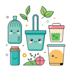 Kawaii style vector set of five cute zero waste objects with faces