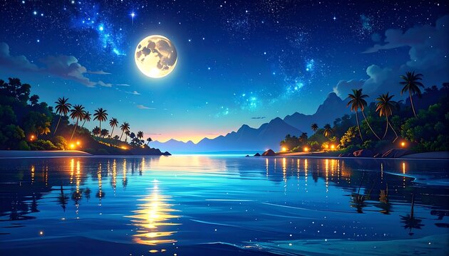 Nighttime Coastal Scene Under a Bright Full Moon and Starlit Sky