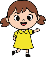 Cartoon girl with pigtails in yellow dress smiling and gesturing, child character for educational, playful, and kids-themed vector content