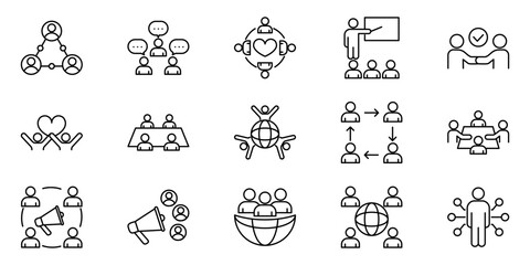 Vector set of teamwork and collaboration icons in outline style including group discussion meeting leader with presentation global connection community support communication network and partnership